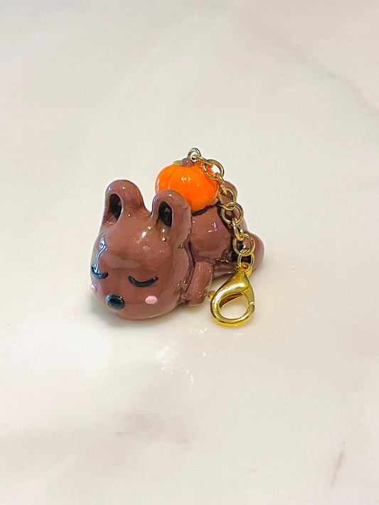 Polymer Clay Sleepy Bunny With a Pumpkin Charm