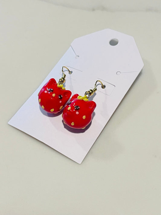 Strawberry Cat Polymer Clay Earrings