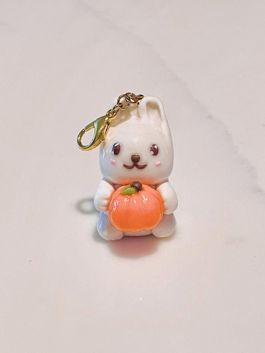 Polymer Clay Bunny With a Pumpkin Charm