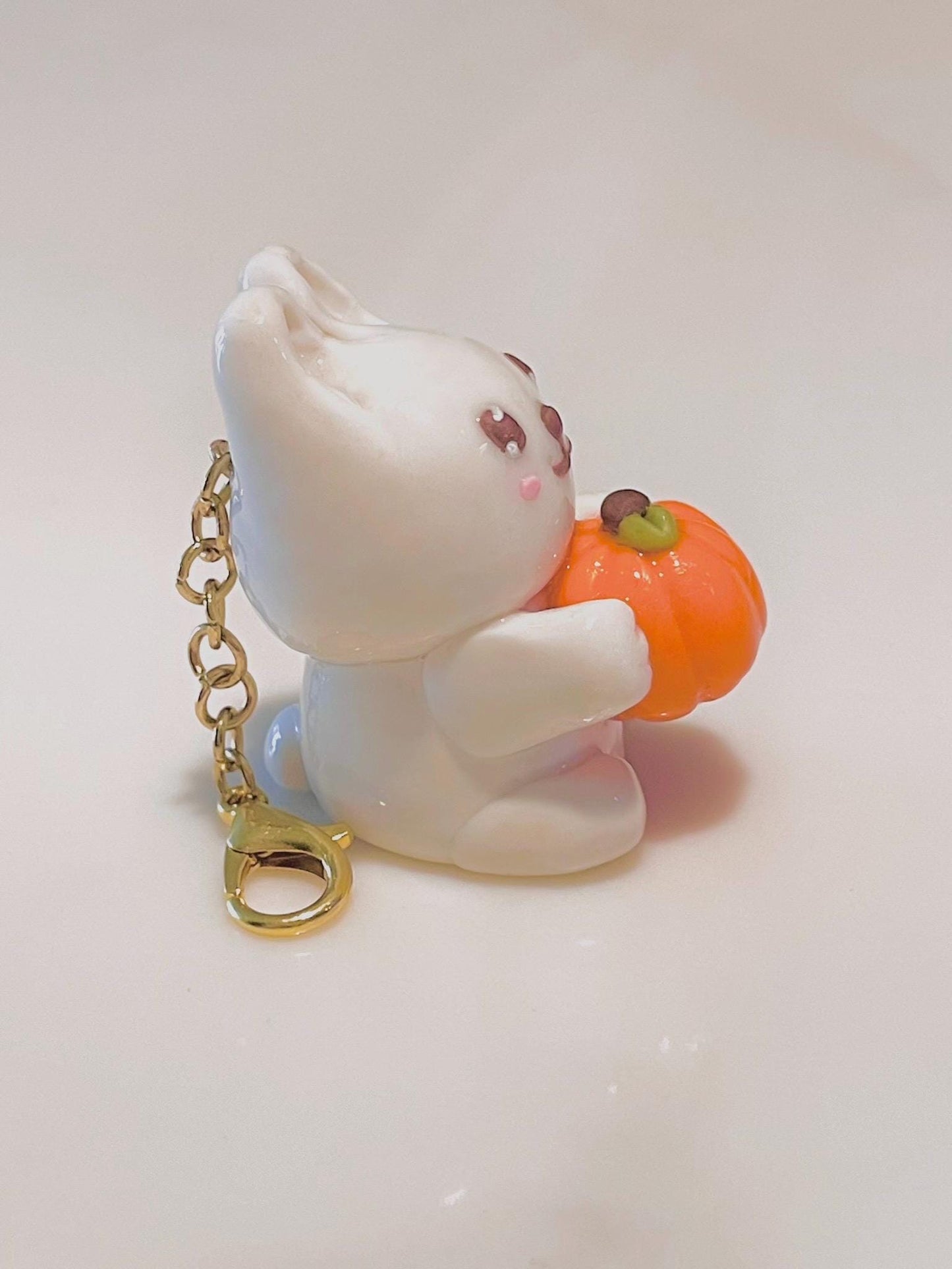 Polymer Clay Bunny With a Pumpkin Charm