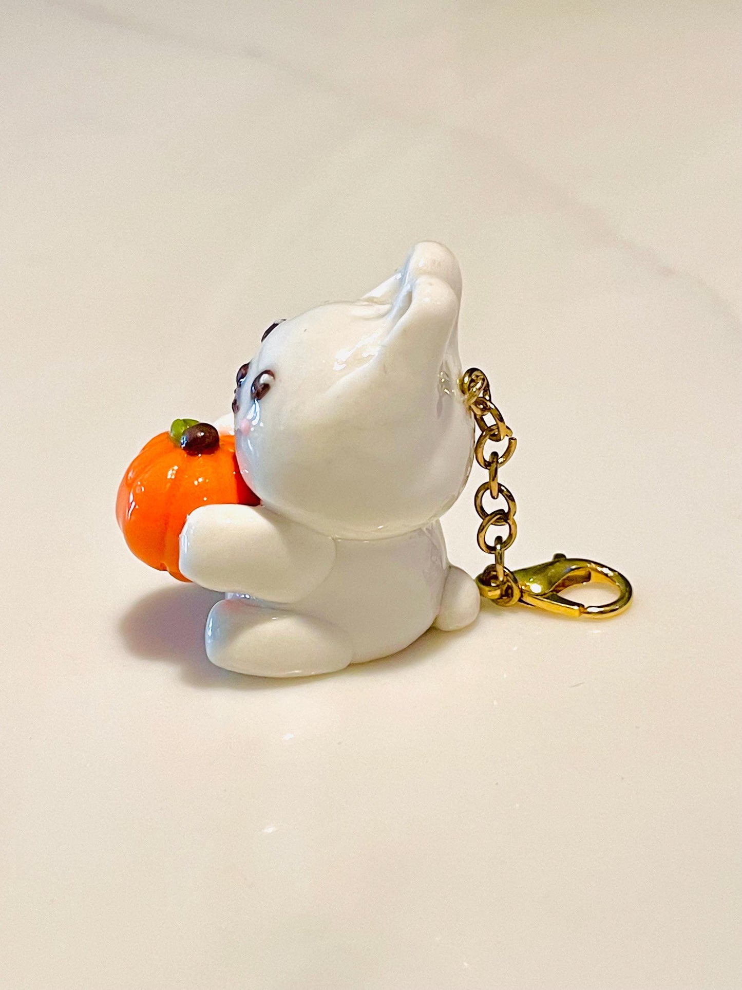 Polymer Clay Bunny With a Pumpkin Charm