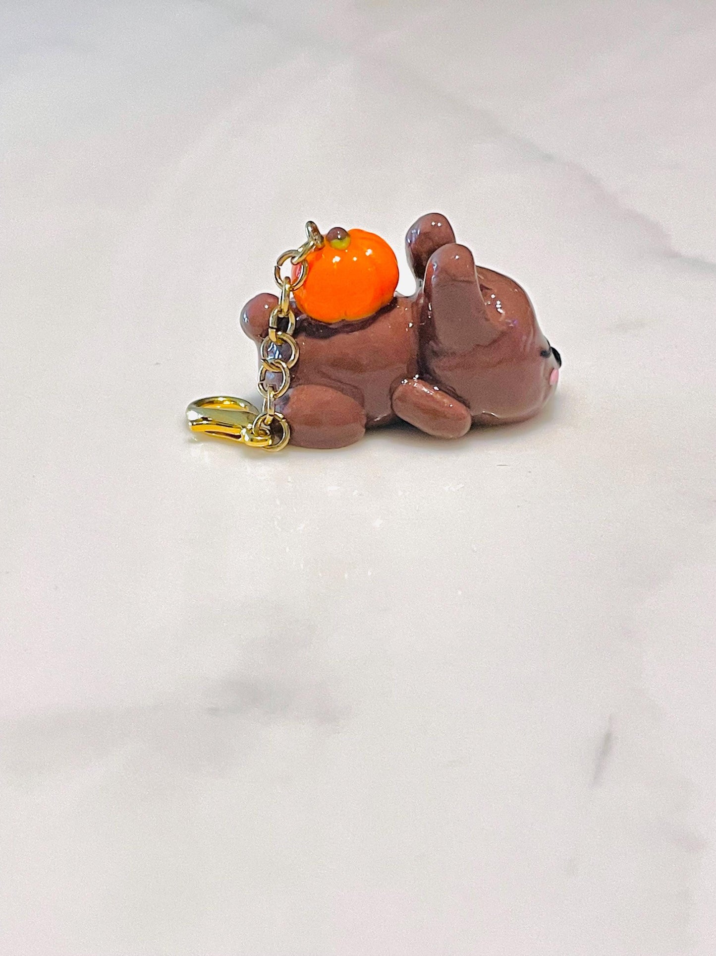 Polymer Clay Sleepy Bunny With a Pumpkin Charm