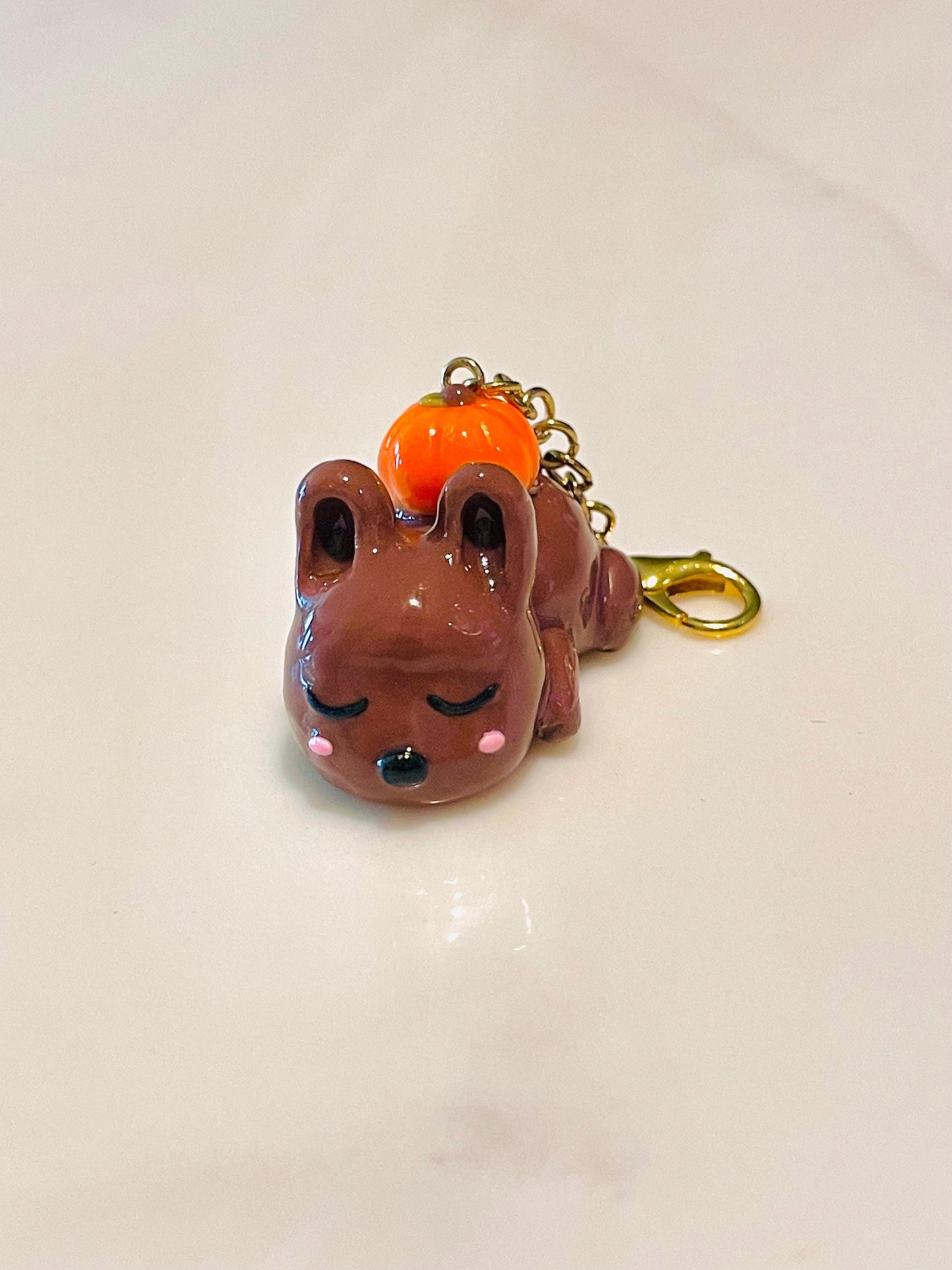 Polymer Clay Sleepy Bunny With a Pumpkin Charm